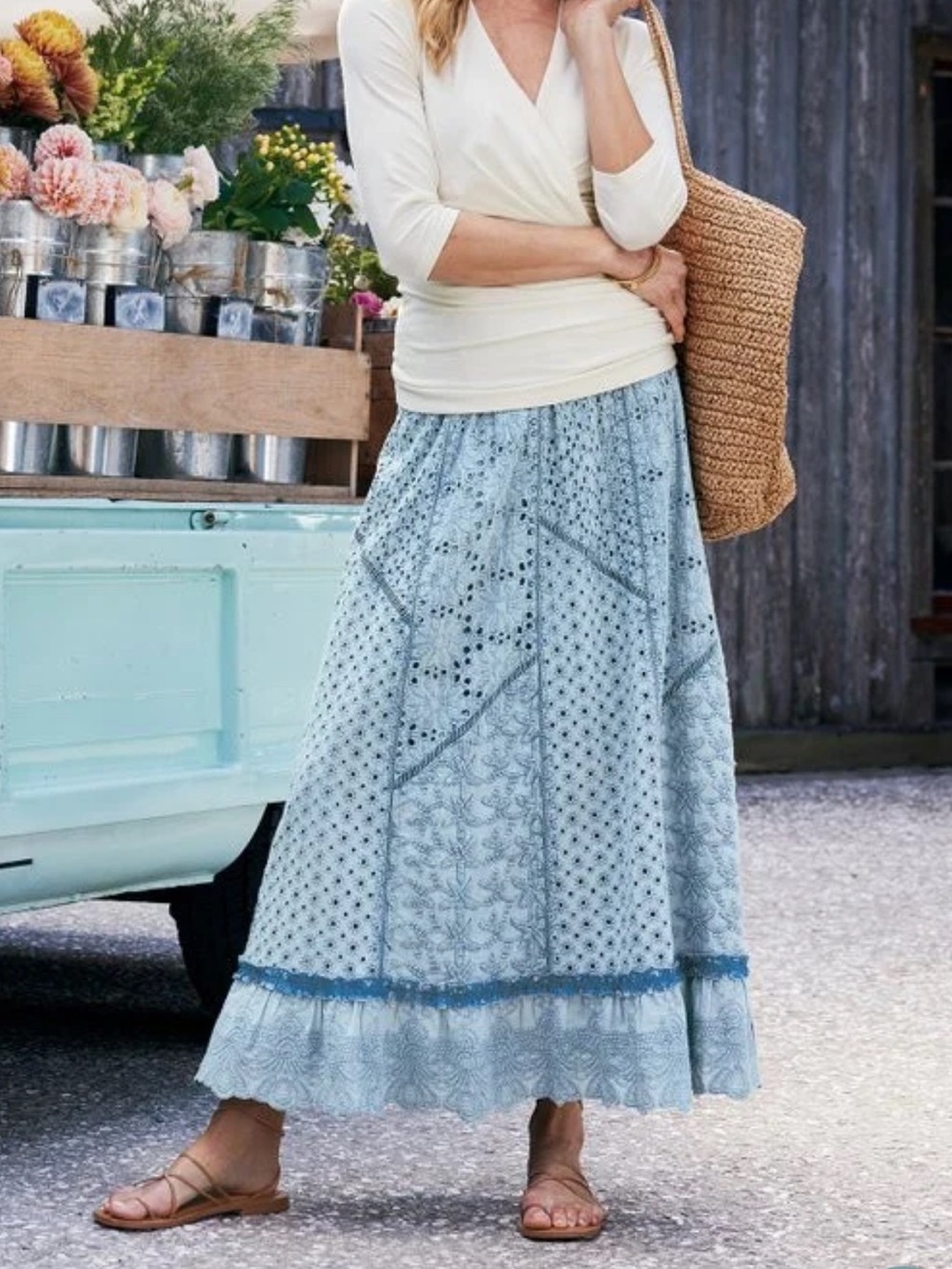 Soft Surroundings Boho Maxi Skirt Eyelet Distressed Blue Elastic Waist SZ PS New